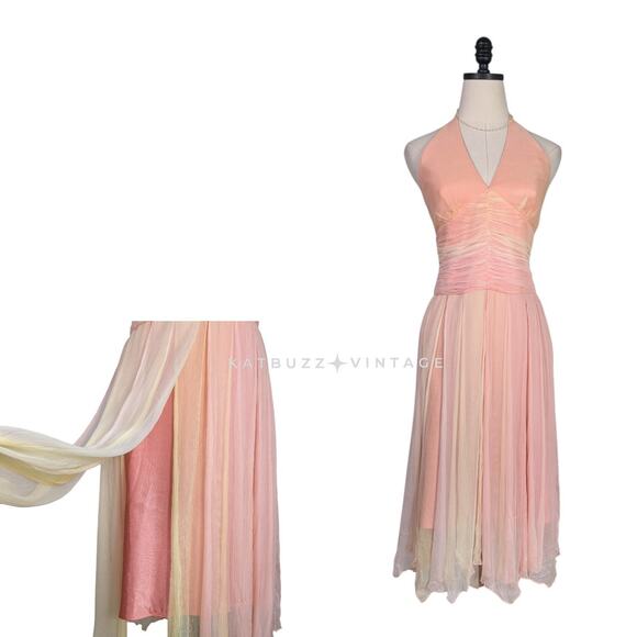 Silk Midi Dress Cocktail Gown 8P Pink Orange Vintage Fairy Y2K Ombre Nymph Glam - Picture 1 of 16
